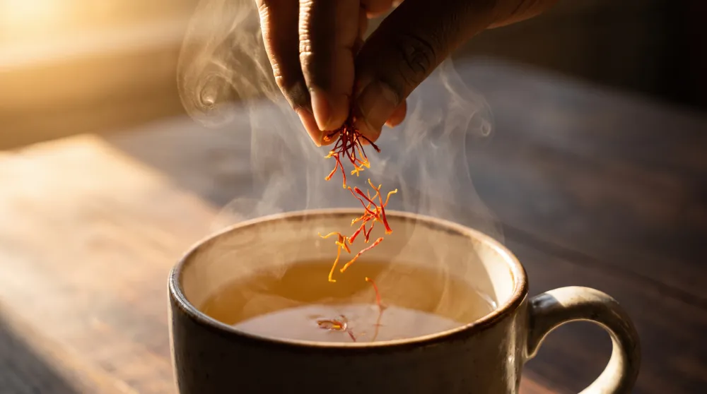 Saffron threads falling into a cup of tea