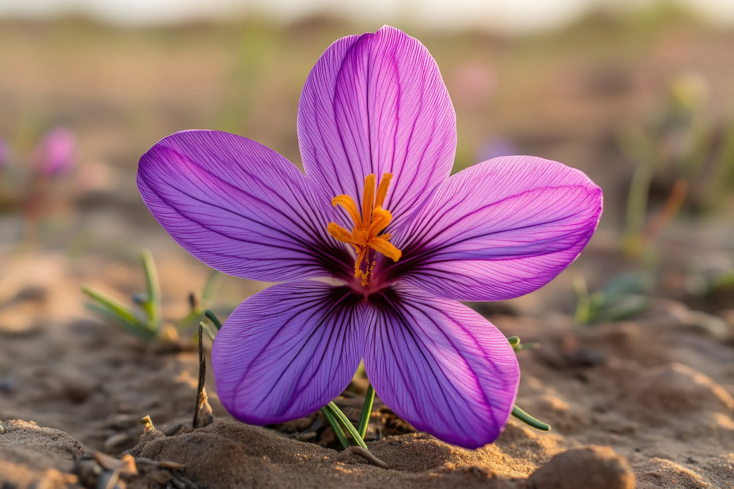 A saffron crocus flowering in a field