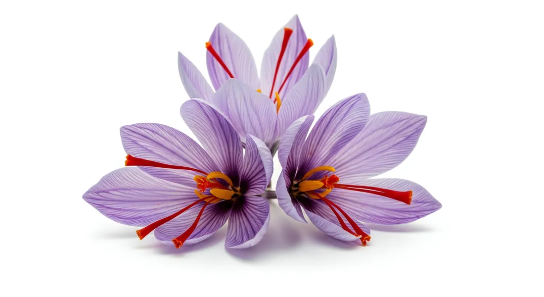 Saffron crocus flowers, each with three red threads