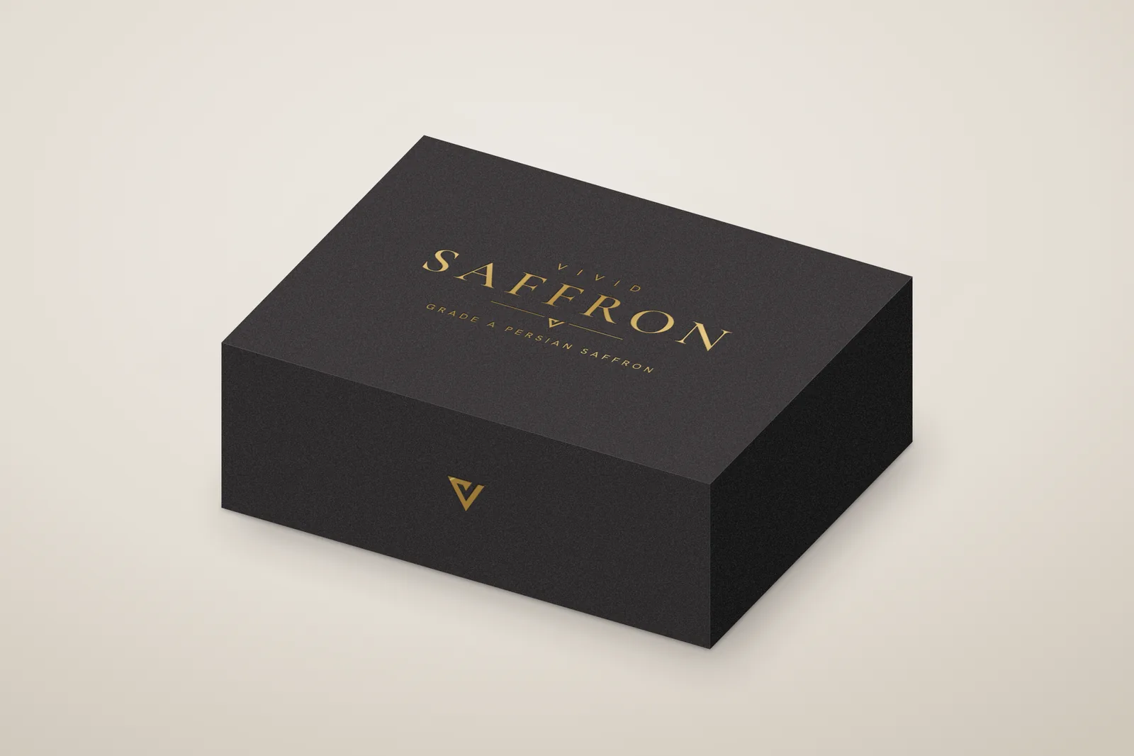 The closed black Vivid Saffron box with its gold wordmark